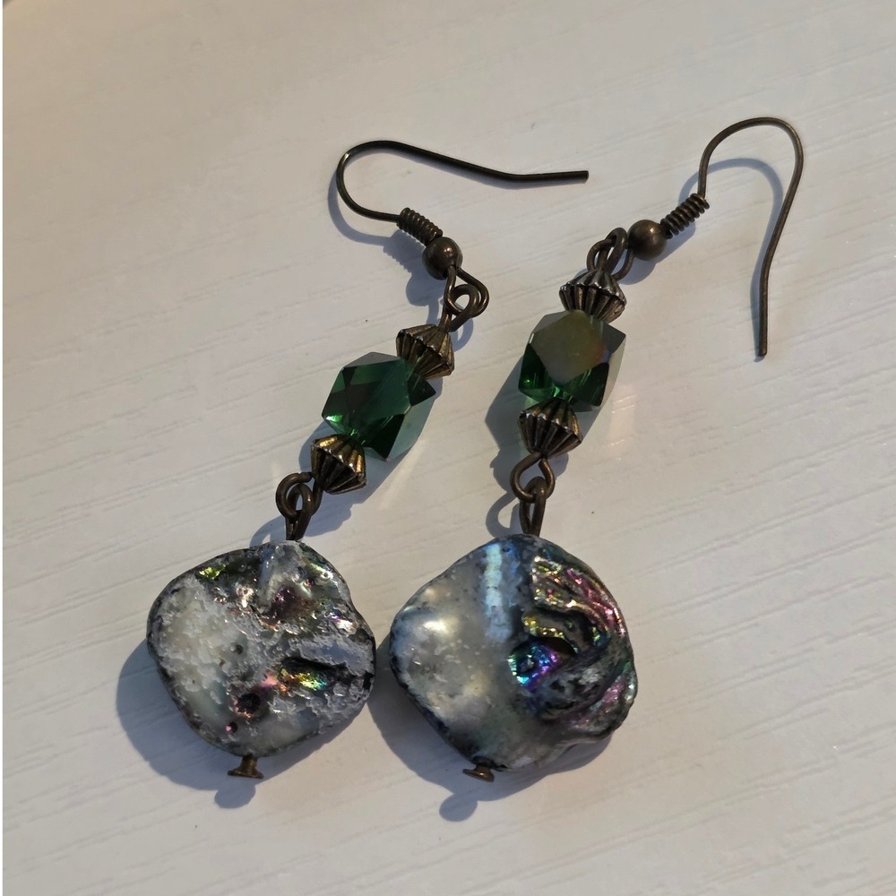 Handmade 1.5" Green Abalone‎ Aurora Borealis Beaded Drop Earrings